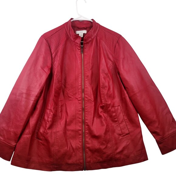 Cj Banks Womens Red Moto Jacket 1X Faux Leather Zip-Up Lightweight - Picture 1 of 12